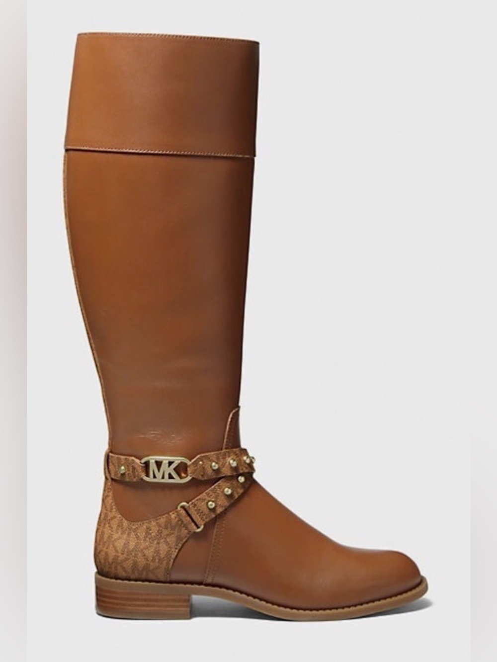 Michael Kors Cognac Brown Leather Tall Studded Harness Boots, Like New